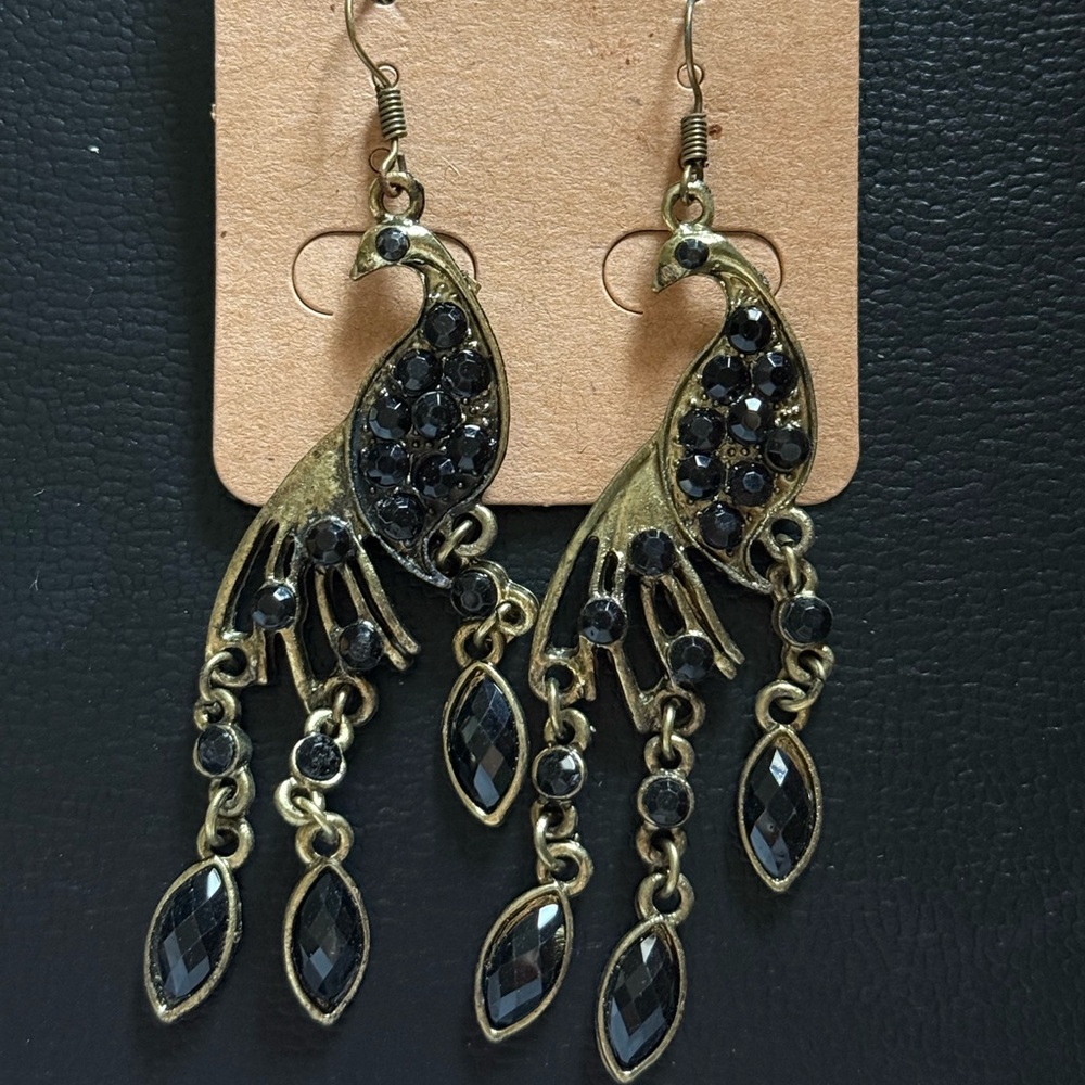 Elegant Gold and Black Peacock Earrings